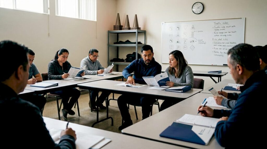 Adults studying driver’s ed materials in classroom