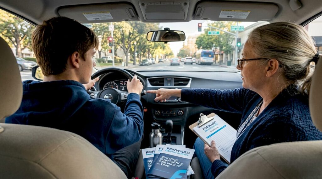 Teen driving lesson with instructor on city street