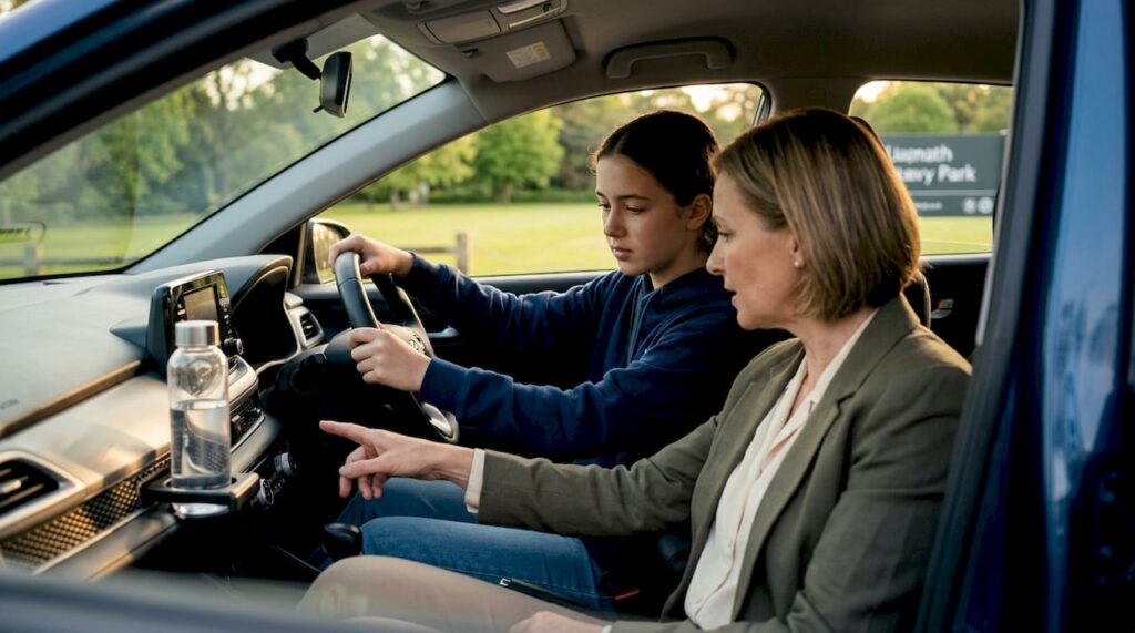 Driving instructor coaching teen in parked car