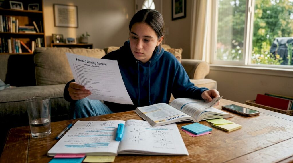 Student reviewing driving checklist at home