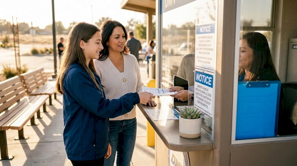 Teen and parent at DMV counter with forms