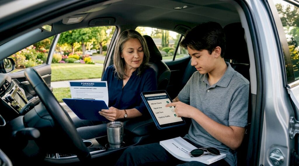 Driving instructor and student reviewing lesson car interior