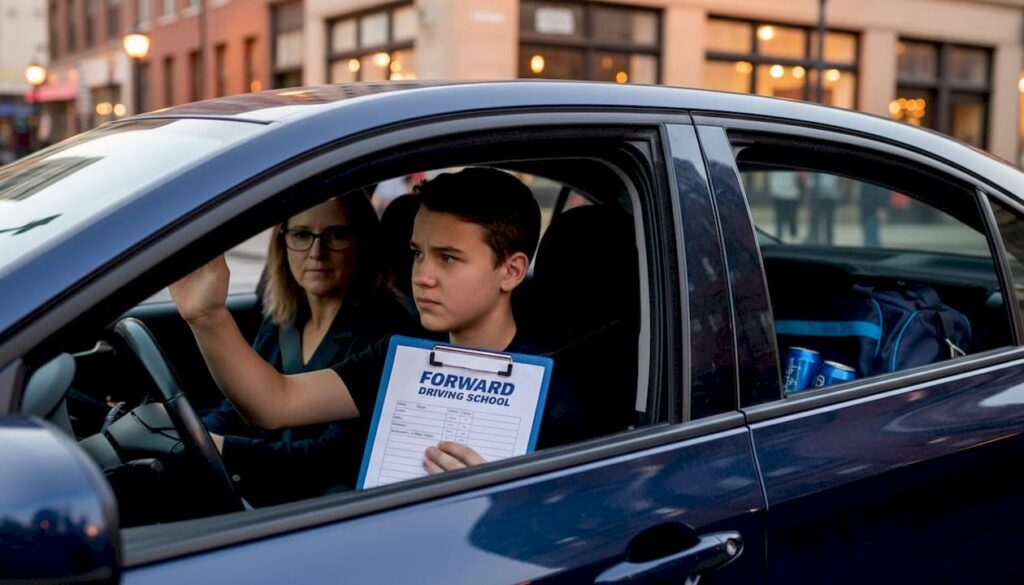 Teen adjusting mirror during practice driving session