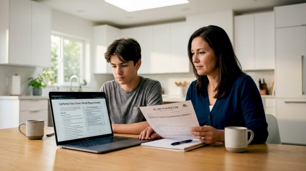 Mother and teen reviewing driver education paperwork