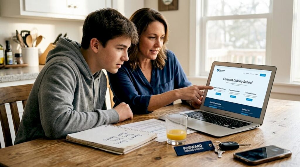 Teen and parent scheduling driving lesson at kitchen table