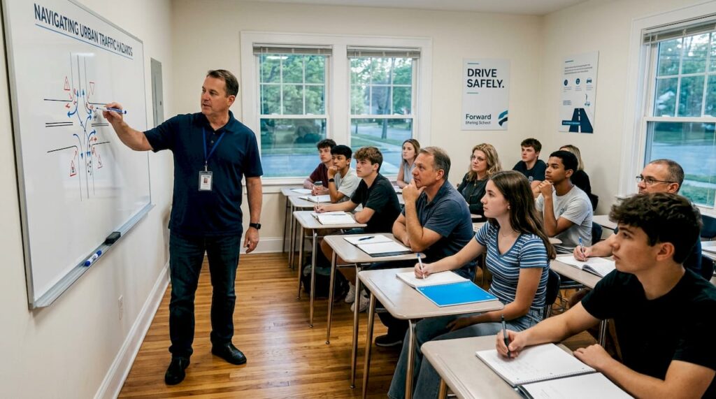 Driving school classroom with attentive students