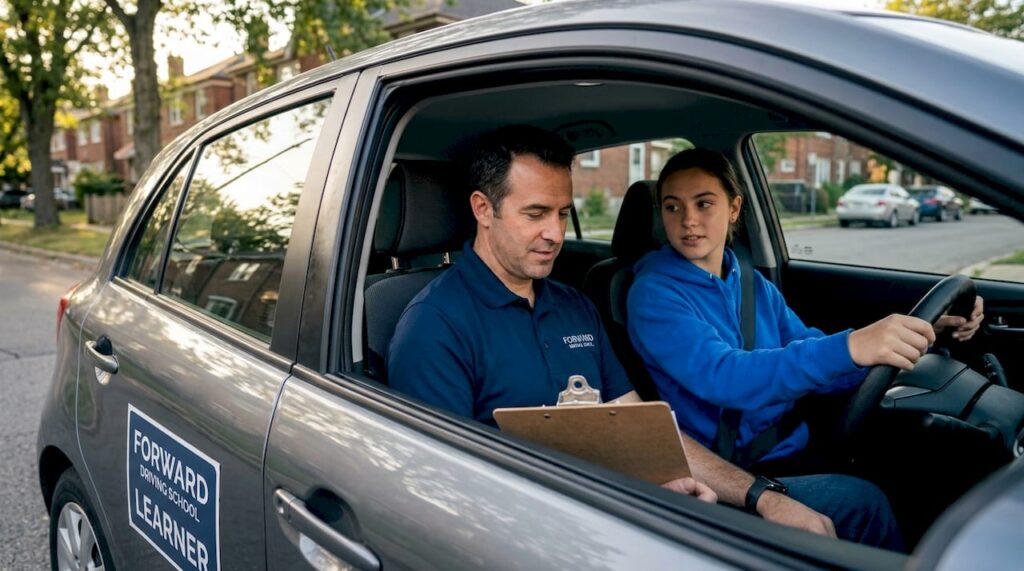 Driving instructor reviewing notes with student in car