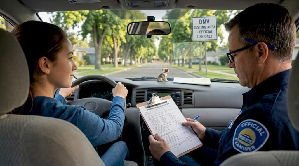 Teen driver in car with examiner outside DMV