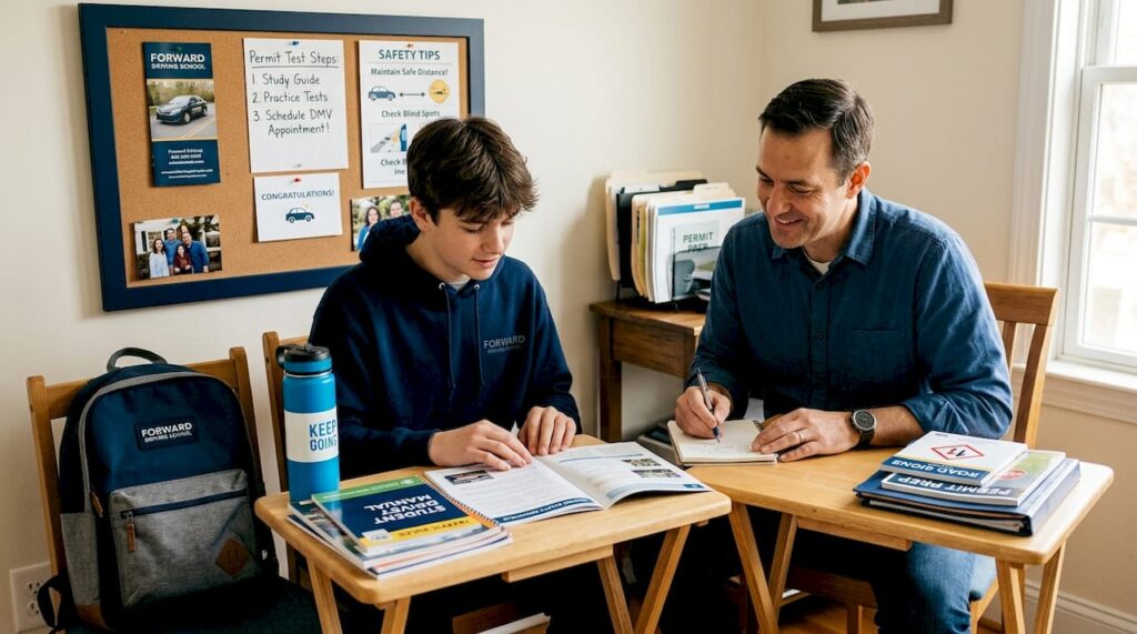 Teen and parent studying driver education classroom materials