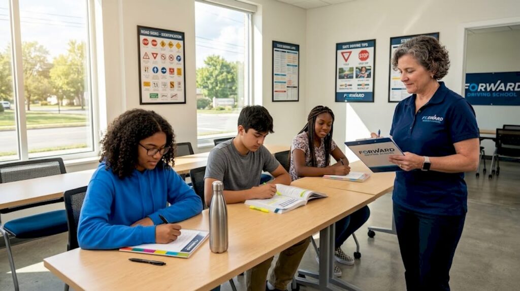Driving school classroom with attentive students