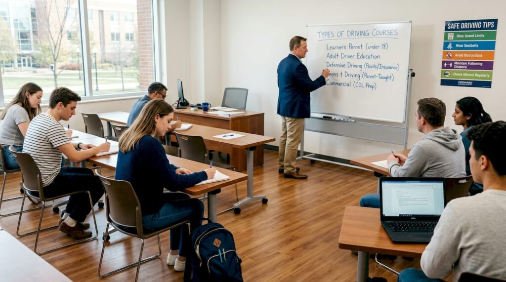 Classroom scene of students learning driving course types
