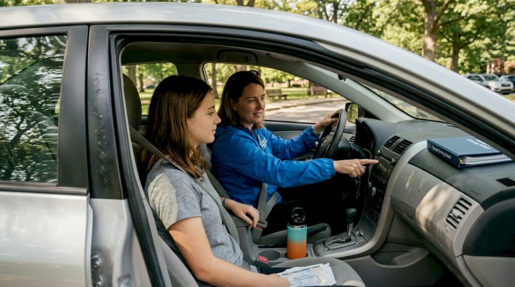 Parent instructs teen driver in parked car