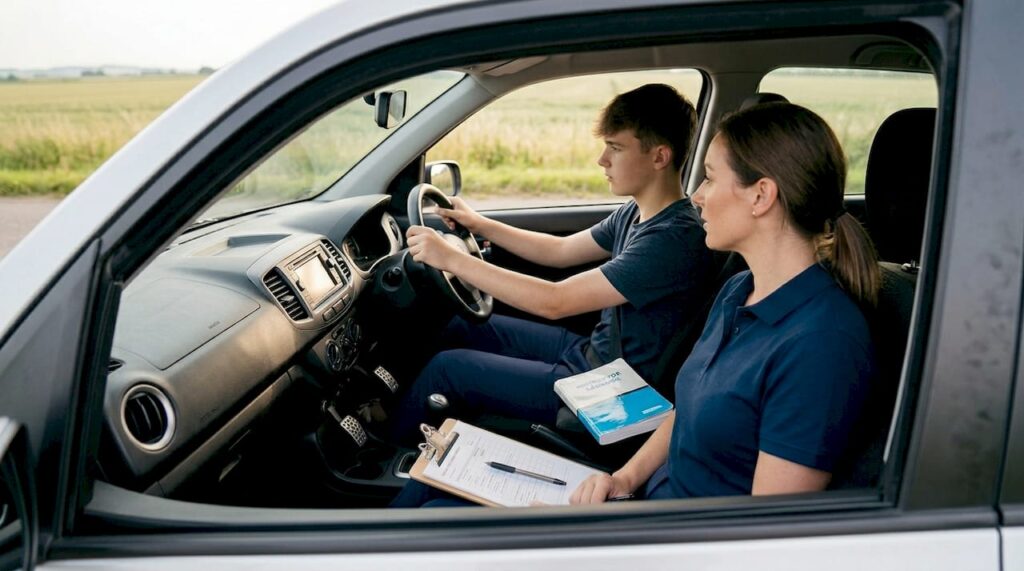 Driving instructor supervising learner in car