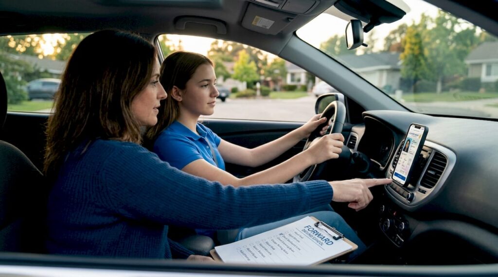 Teen and parent practicing driving in driveway