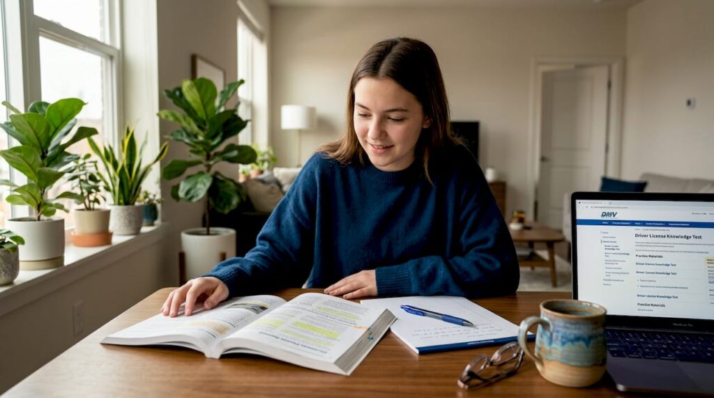 Teen studying driving permit manual at kitchen table