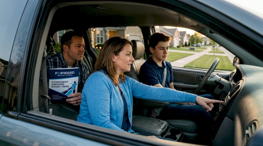 Parents teaching teenage son to drive in car