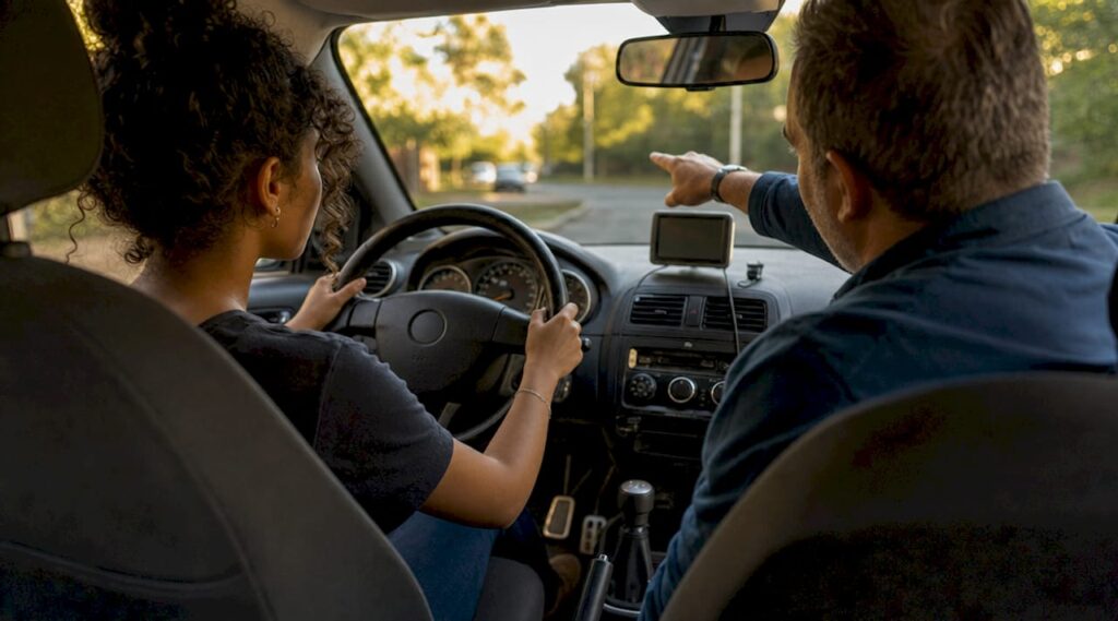 Young driver and instructor in training car