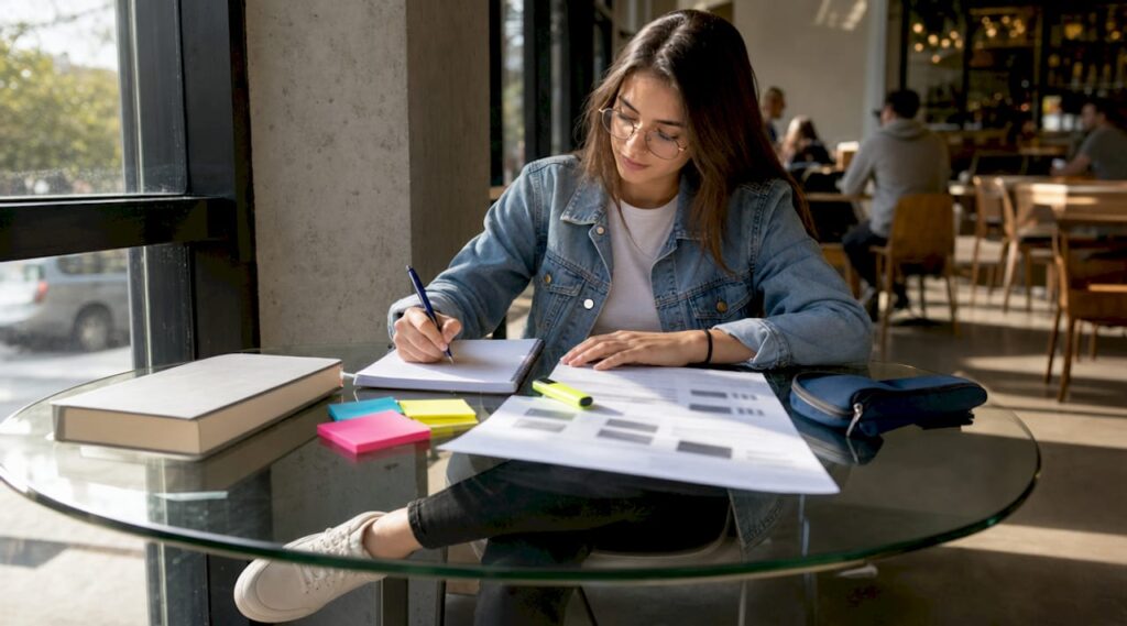 Learner studying driver license manual at table
