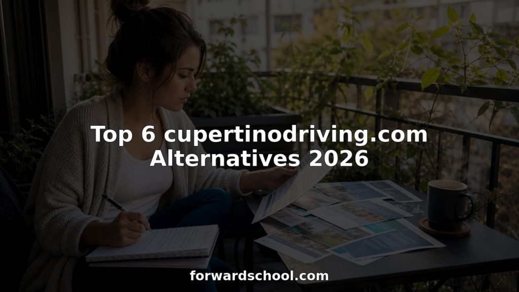 Woman comparing driving school brochures at kitchen table