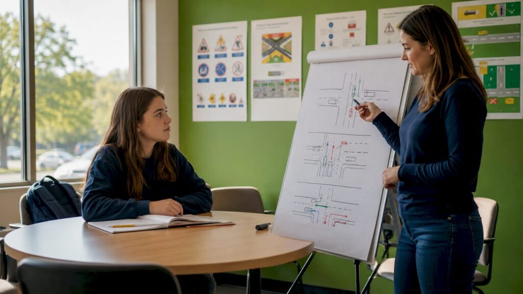 Teen and instructor in driver education classroom
