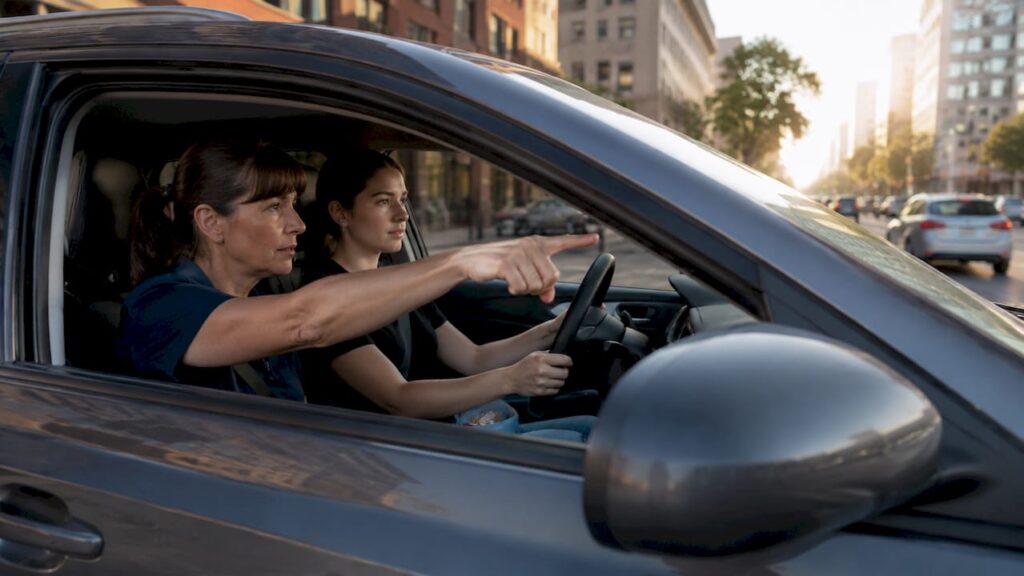 Driving instructor teaching teen local road