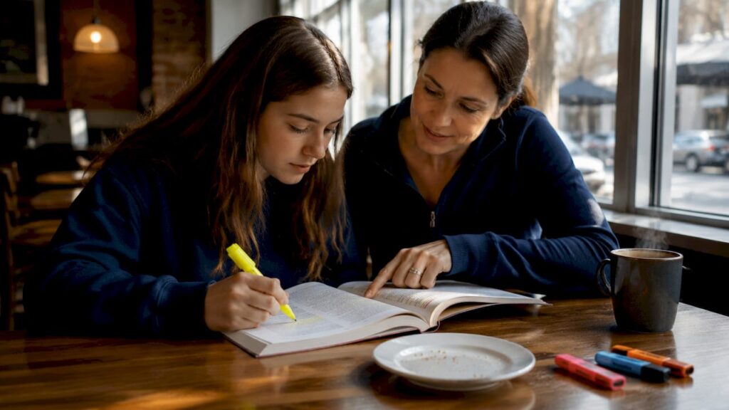 Teen and parent reviewing driver manual at kitchen table.