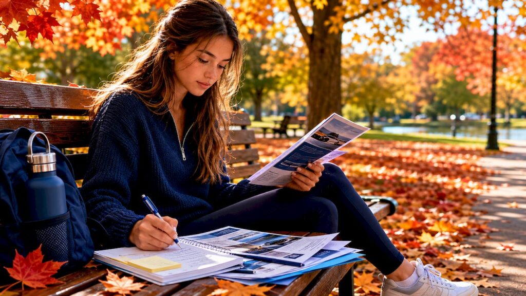 Woman reviewing driving school brochures at café