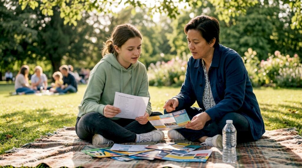 Teen and parent reviewing driving school brochures at home