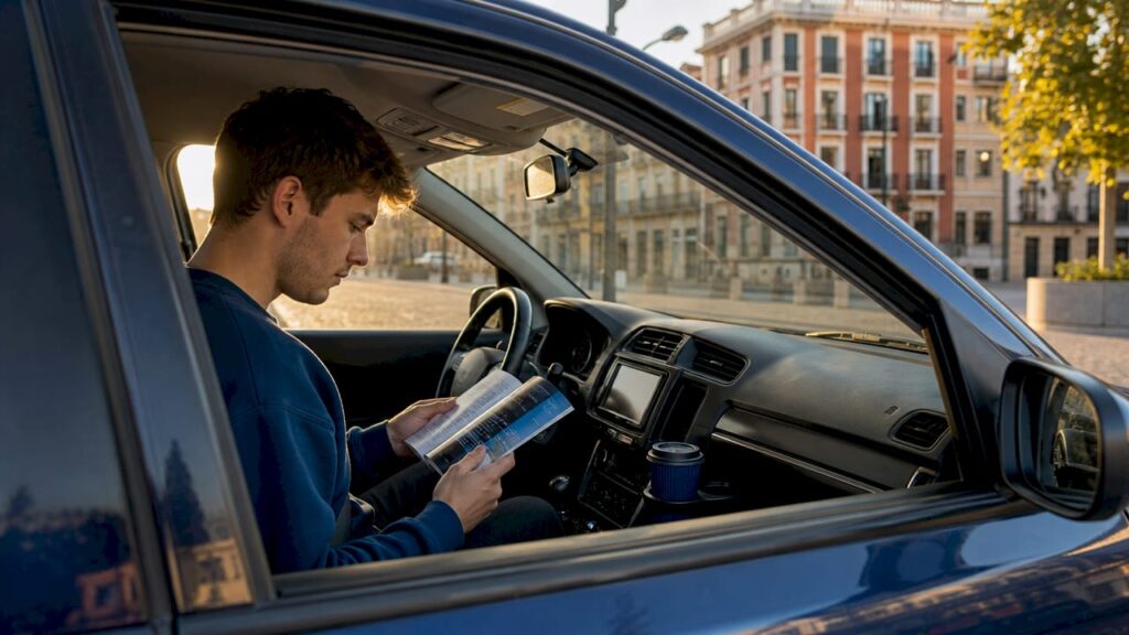 Driver studying defensive driving course material inside car
