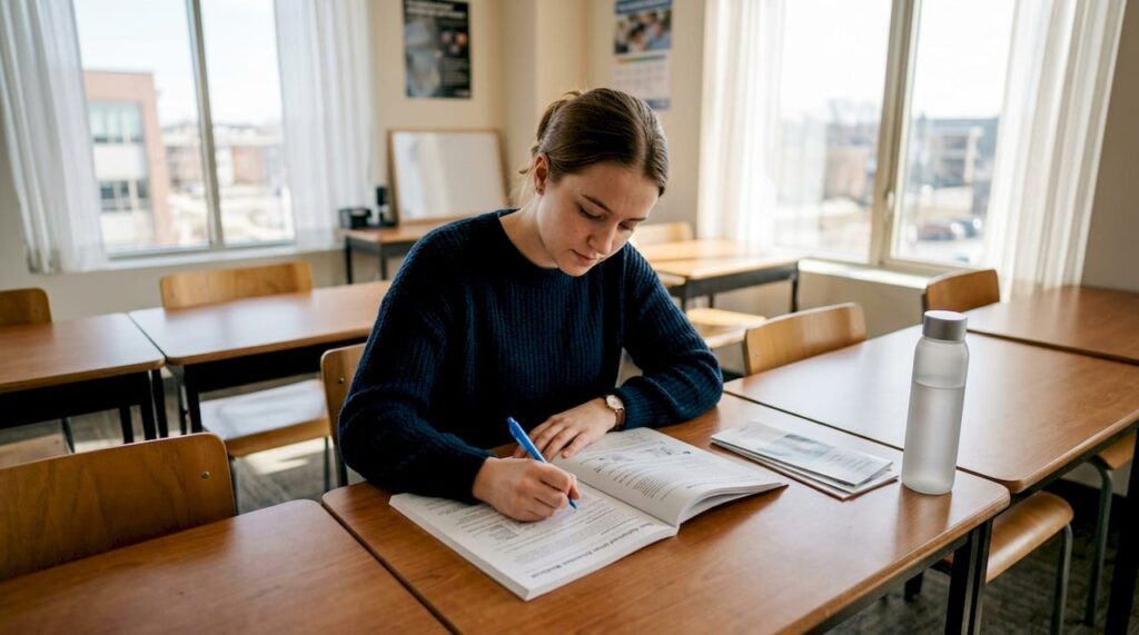 Student studying in DMV licensed driving school classroom