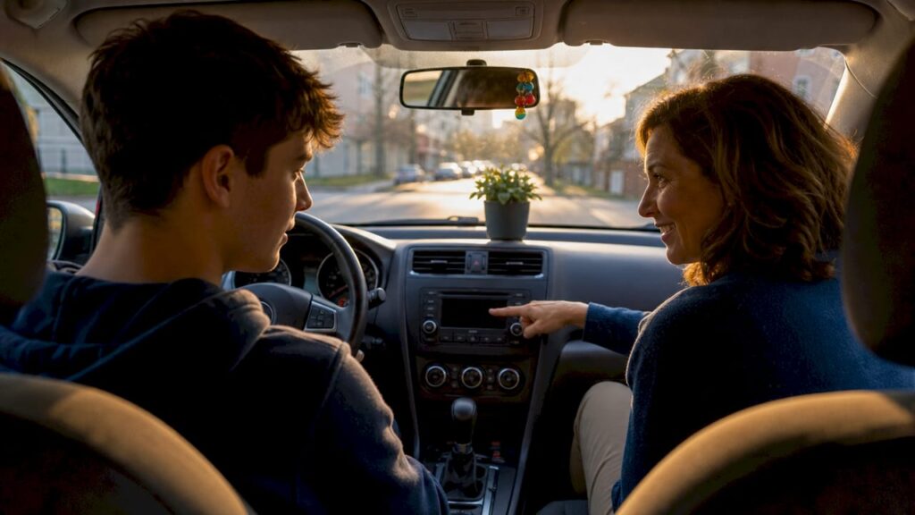 Teen driver learning with instructor in car