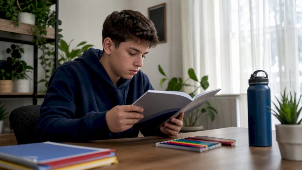 Teen studying driver education handbook at table