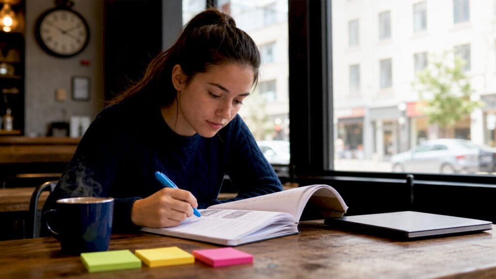Young adult studying driver’s manual at kitchen table