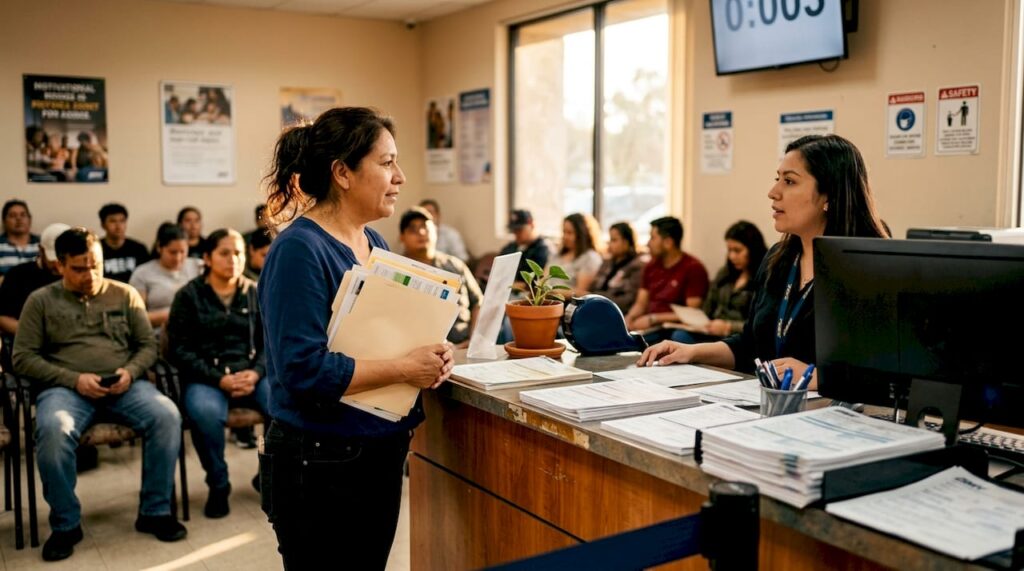 Person checking in at San Jose DMV counter