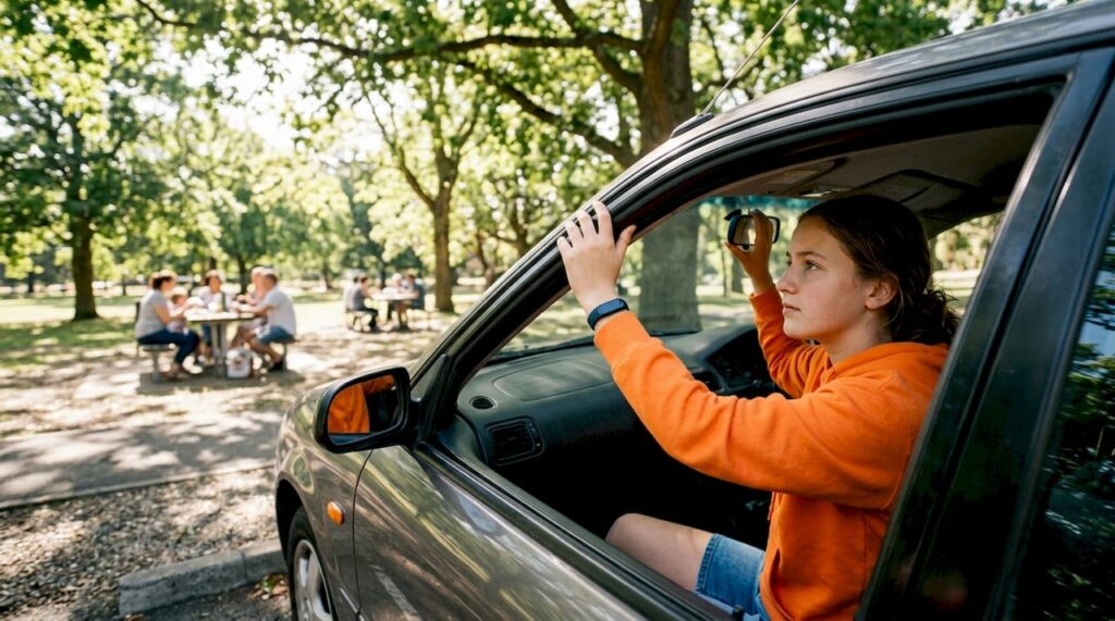 Learner driver adjusting mirror inside car